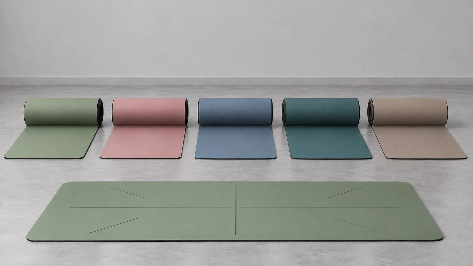PU yoga mats in muted colors curling to show black rubber undersides, front mat with engraved alignment lines