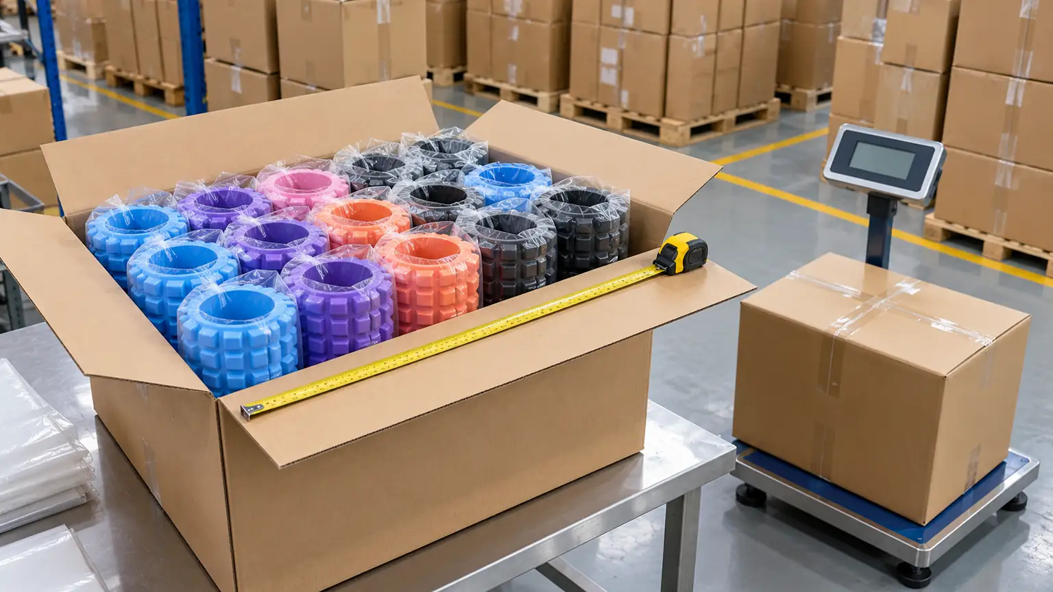Open export carton packed with bagged EVA foam rollers, measured with a tape beside a carton on a platform scale