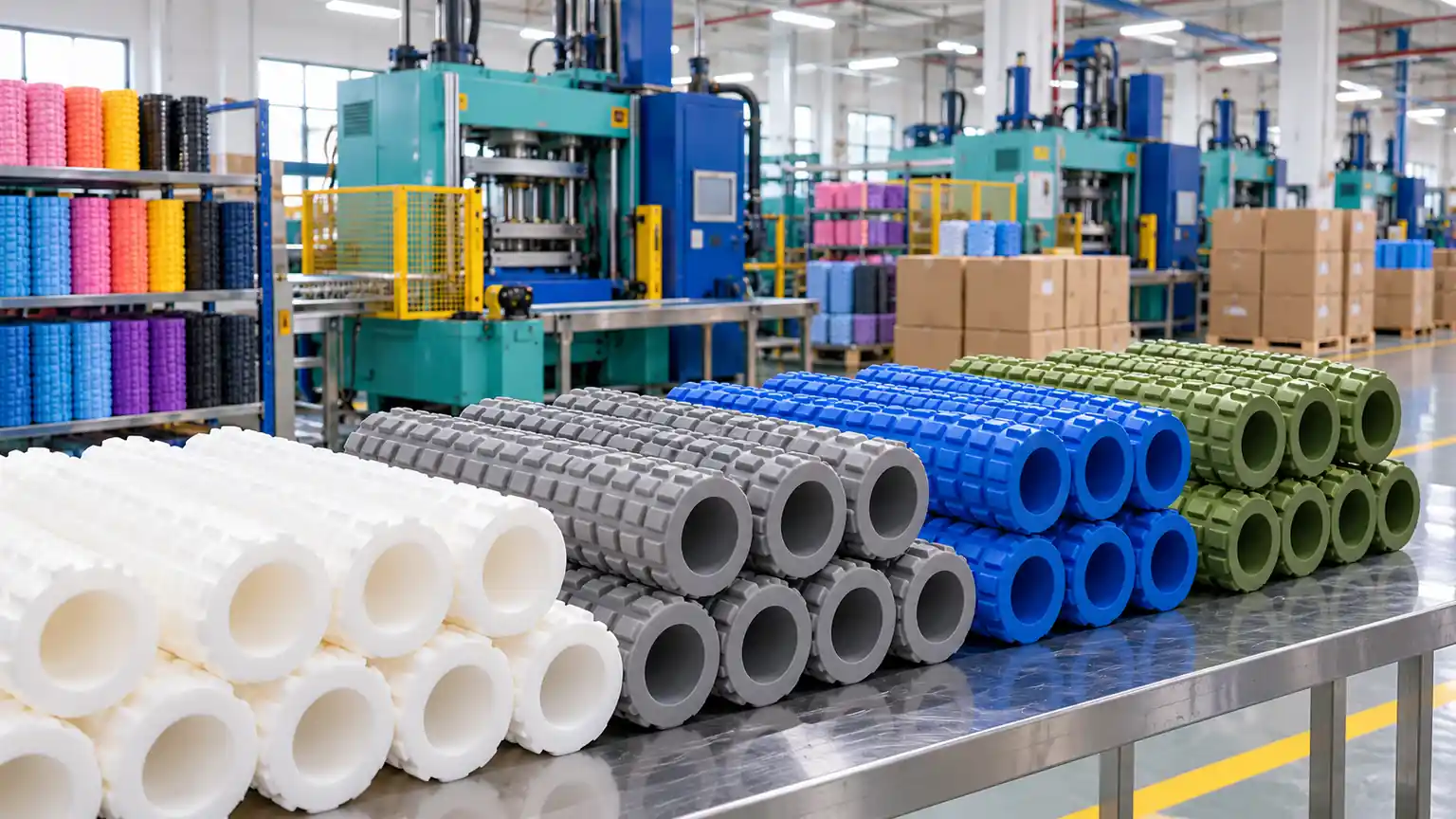 Finished white PE and textured EVA foam rollers on a worktable in front of foam molding machines and cartons