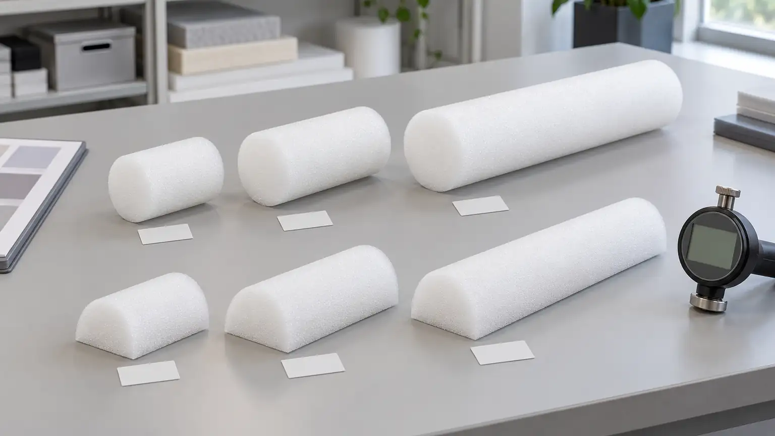 Six white PE foam rollers, full round and half round in three lengths, laid out for sample comparison