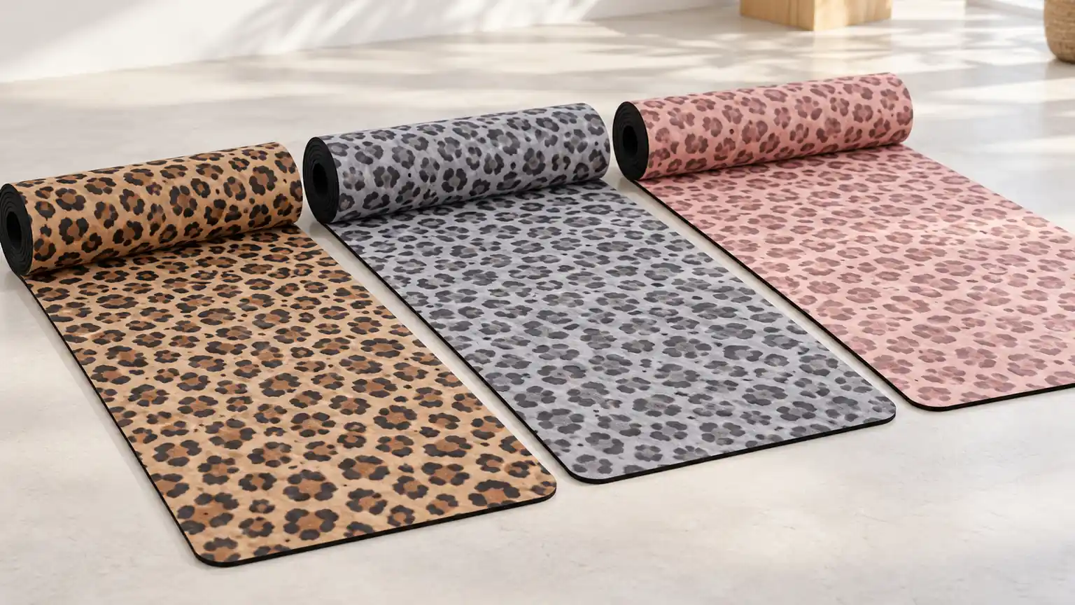 Three suede yoga mats with the same leopard print in tan, grey and blush pink colorways