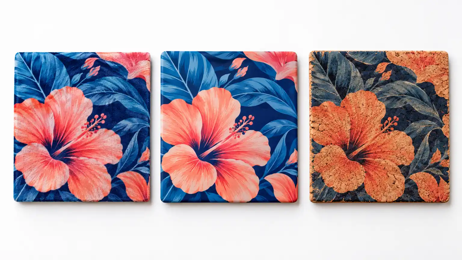 Same floral pattern printed on suede, PU and cork swatches, with warmer darker color on cork