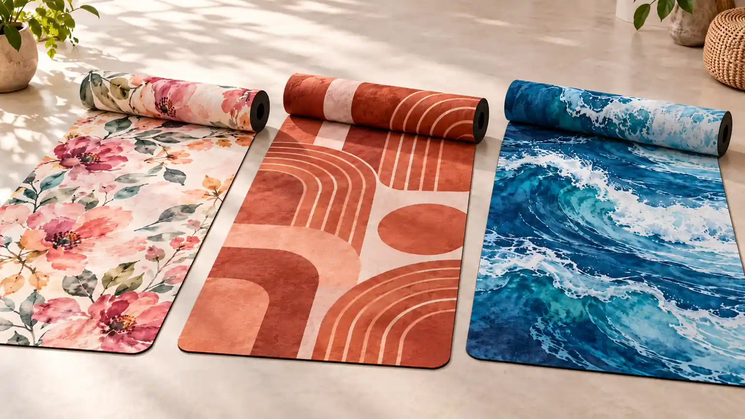 Three printed suede microfiber yoga mats with floral, geometric and wave designs and black rubber bases