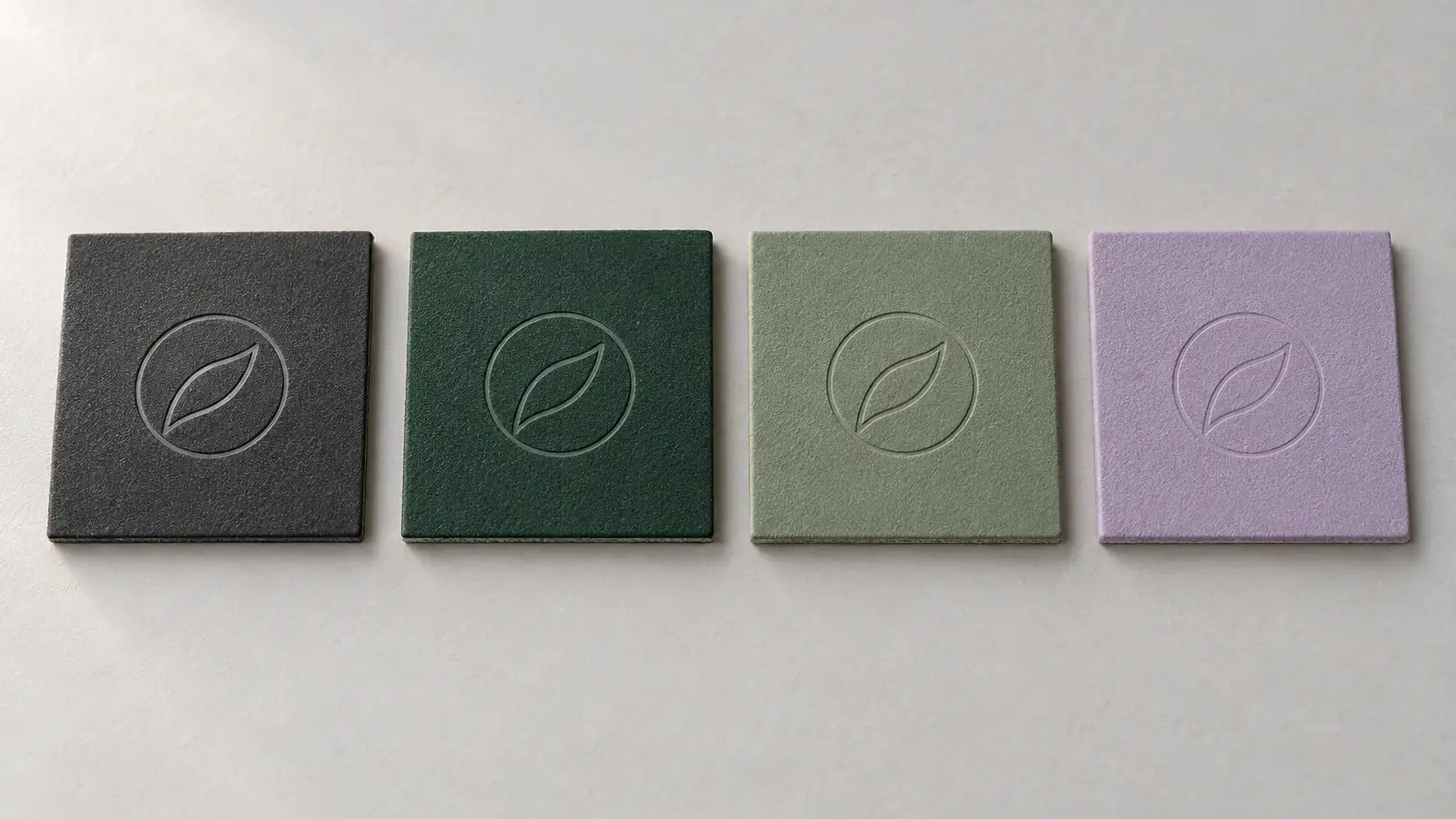 Same laser-engraved emblem on four PU swatches from charcoal to pale lilac, fading on lighter colors