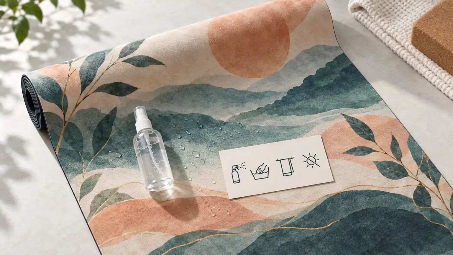 Spray bottle and pictogram care card resting on a printed suede yoga mat with fine water droplets
