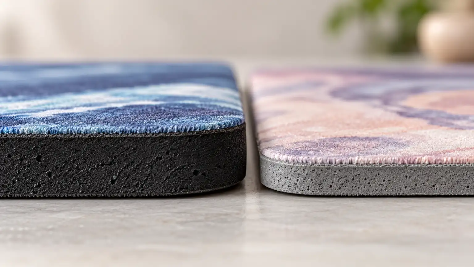 Cut edges of suede microfiber yoga mats, one on black natural rubber and one on grey TPE