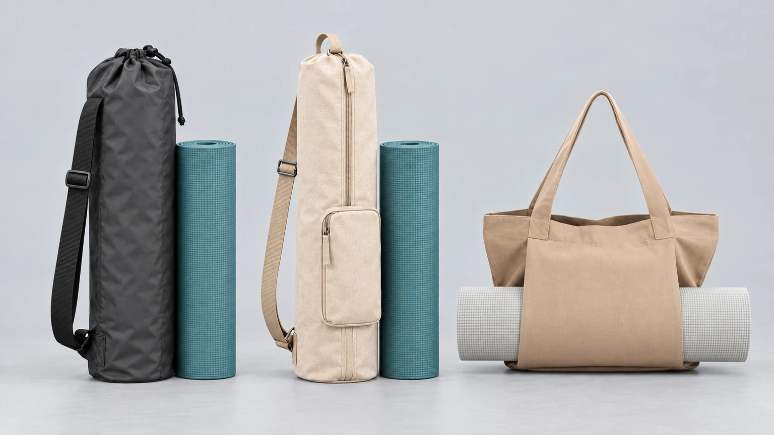Yoga mat carry bag formats in a row
