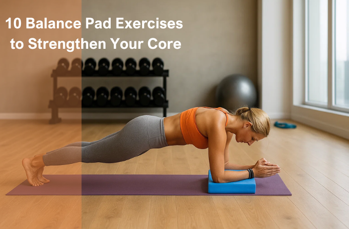 A woman performing a plank exercise to strengthen her core using a blue balance pad.