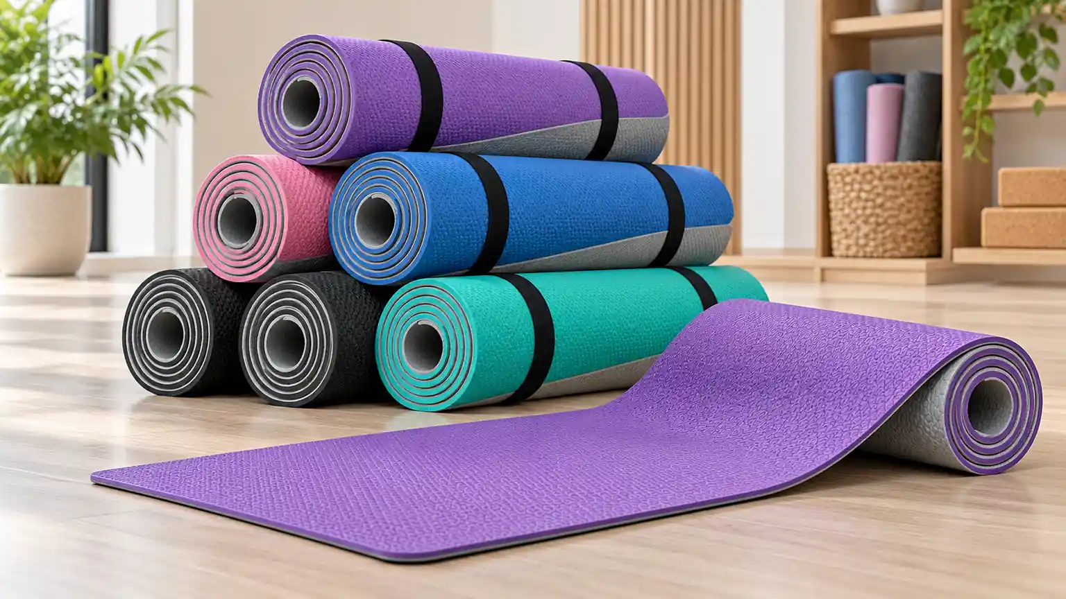 Pyramid of rolled two-tone TPE yoga mats in five color pairs with elastic carry straps