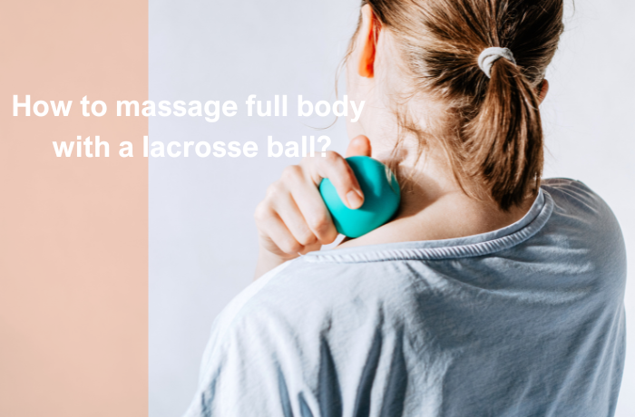 Woman massaging upper back with a green lacrosse massage ball for full-body pain relief