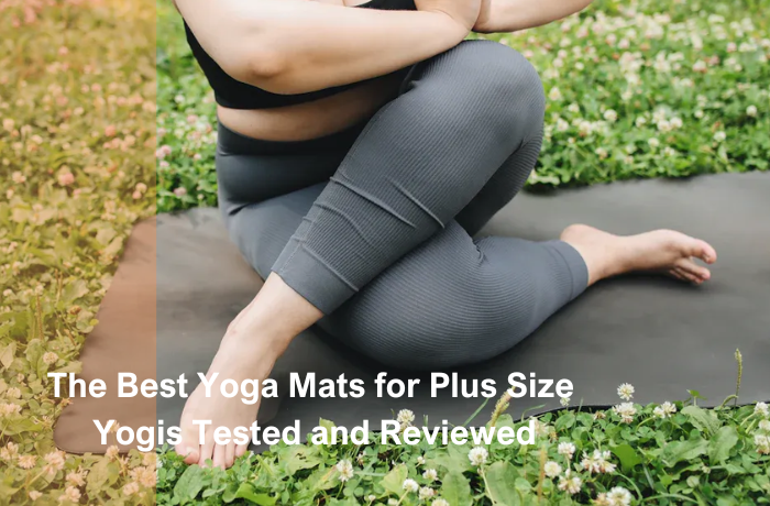 Plus size woman practicing yoga on extra wide thick yoga mat outdoors