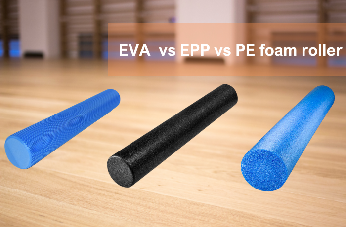 Comparison of EVA, EPP, and PE foam rollers in different colors, demonstrating various types of foam rollers used in fitness.