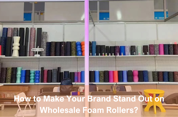 Foam roller wholesale display with colorful variations on shelves at a trade show booth