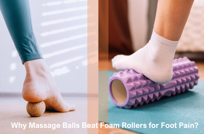 Barefoot rolling on wooden massage ball for foot pain relief