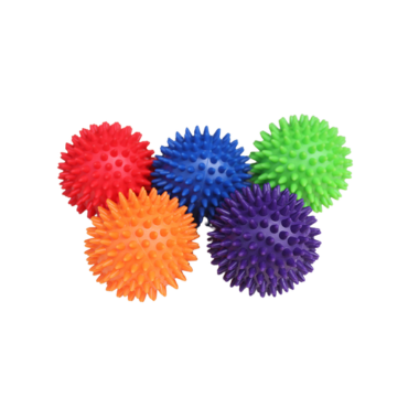 Spiky massage balls in five vibrant colors made from PVC