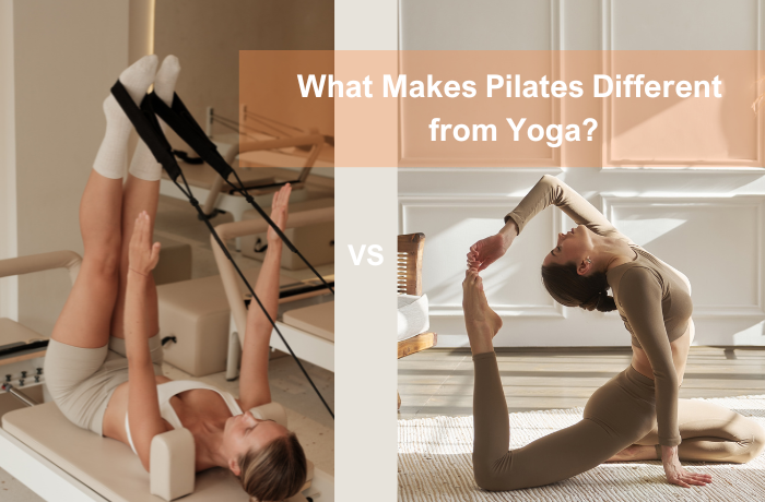 A woman performing a Pilates reformer exercise on the left and a yoga pose on the right, comparing the two practices.