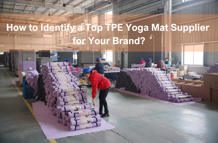 Workers inspecting purple TPE yoga mats at a wholesale supplier factory in China