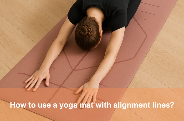 Woman in child’s pose on yoga mat with alignment lines