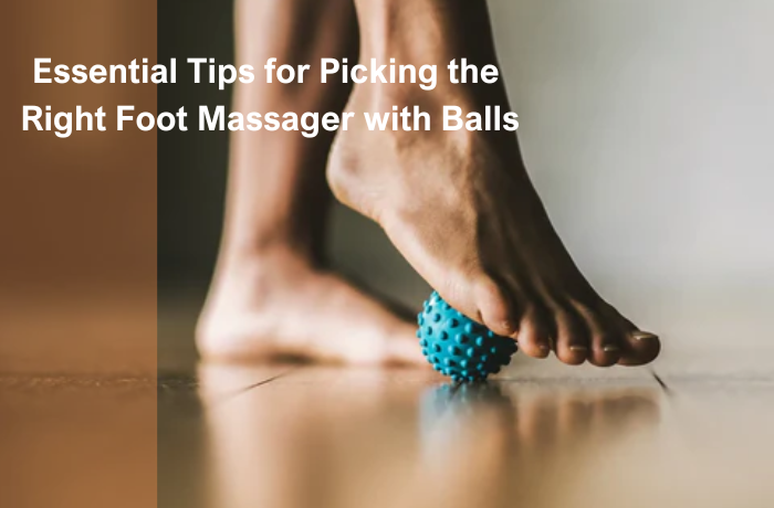 Barefoot using blue spiky foot massage ball for plantar relief