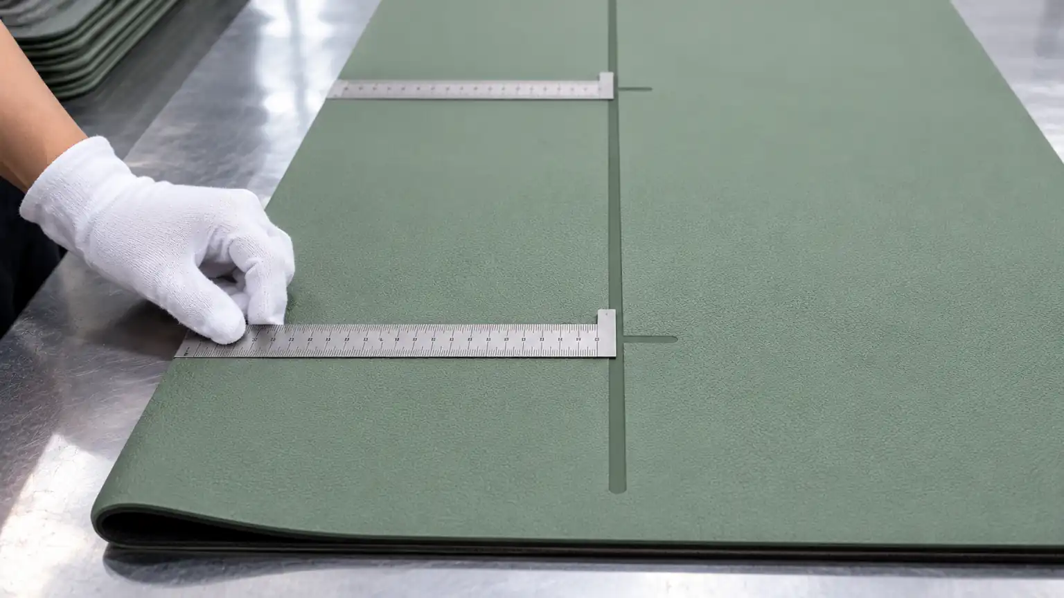 Steel rulers laid across a yoga mat measuring from the edge to the center alignment line
