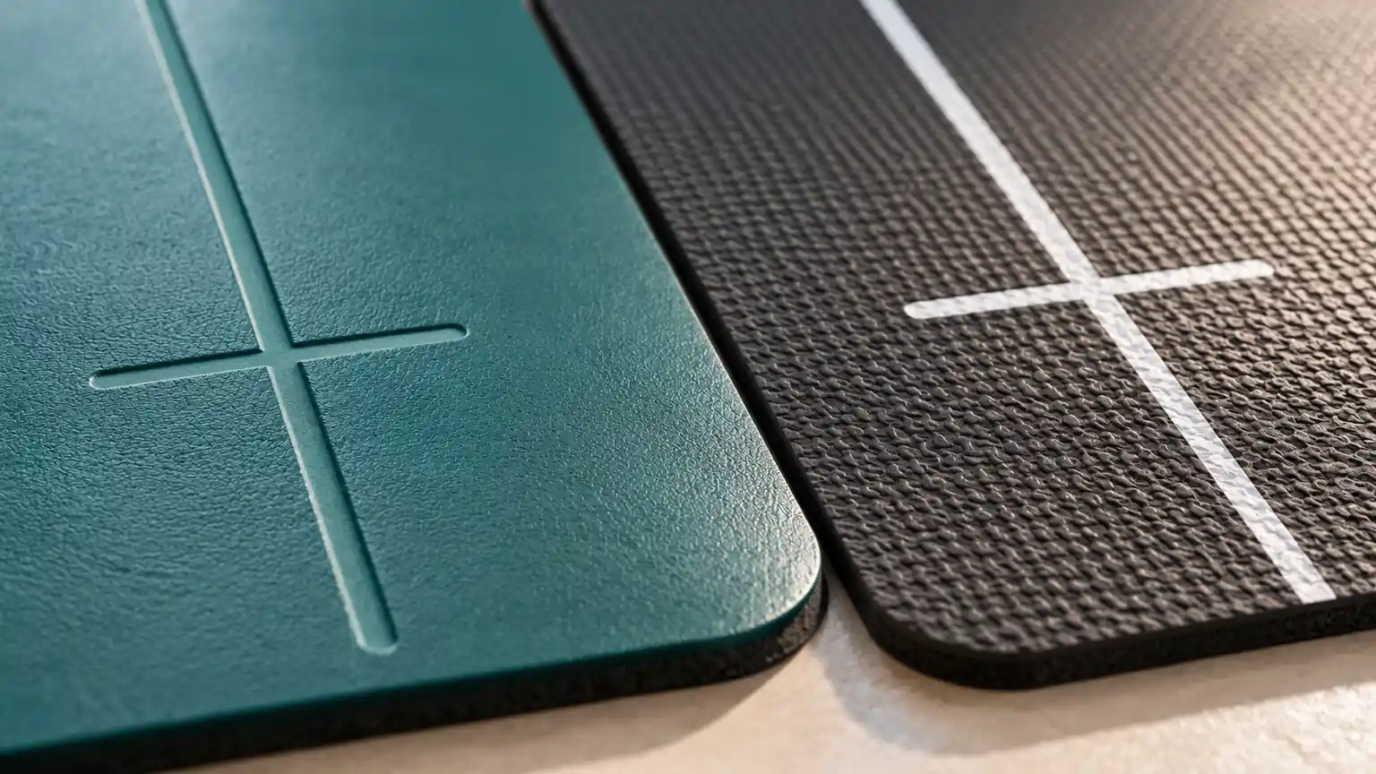 Close-up of a recessed engraved line on a PU mat beside a white printed line on a TPE mat