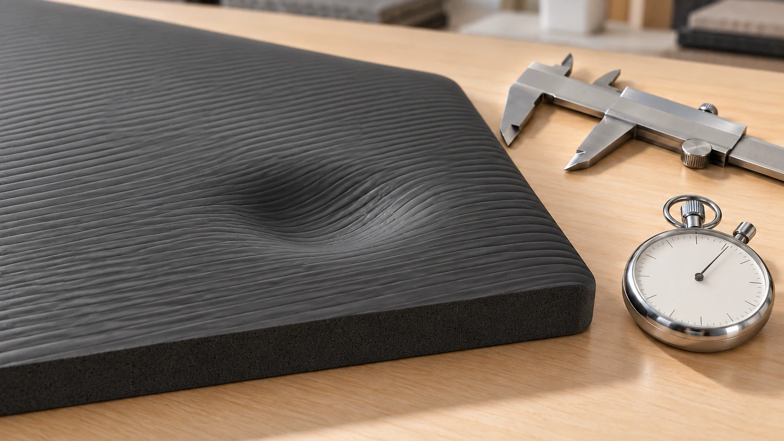 Indentation recovering in the surface of a thick foam Pilates mat beside a caliper and stopwatch