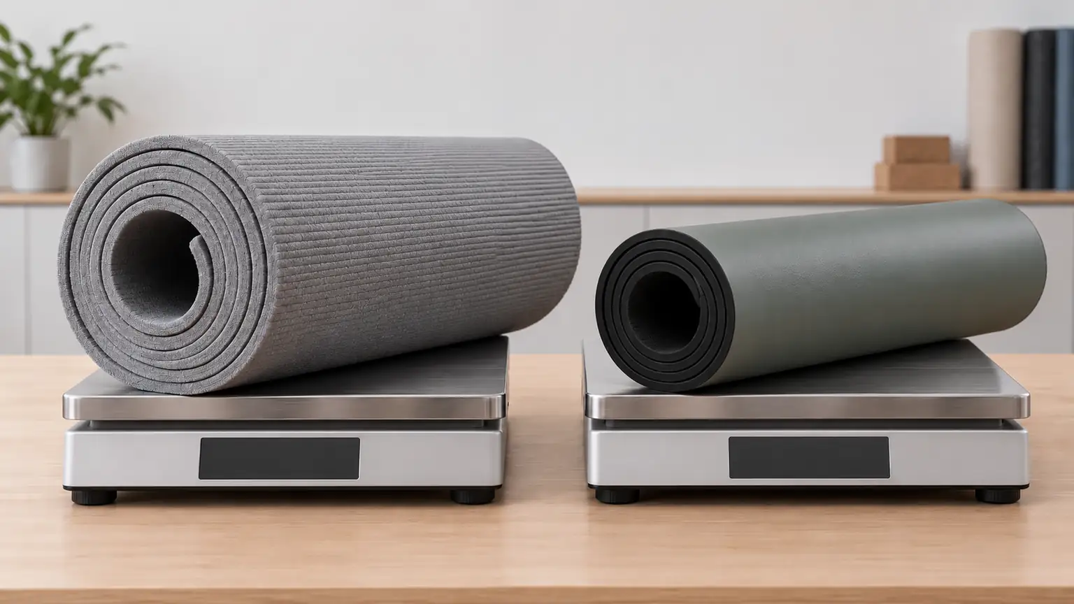 A thick light foam yoga mat and a thinner dense rubber yoga mat each on a platform scale