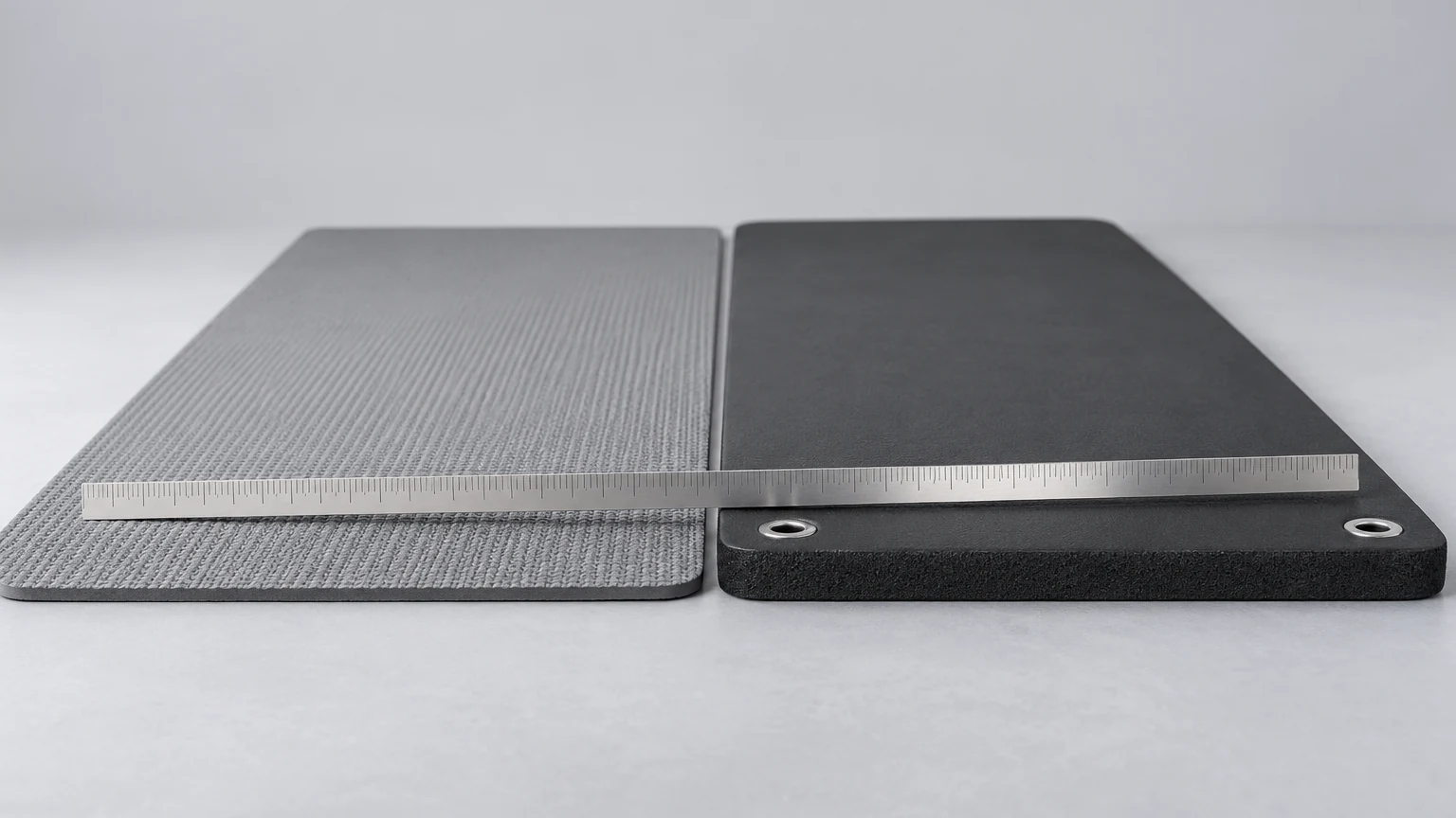 Thin textured yoga mat beside a much thicker matte Pilates mat with eyelets, edges compared
