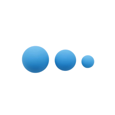 Set of three blue silicone massage balls of different sizes for muscle recovery and trigger point therapy.