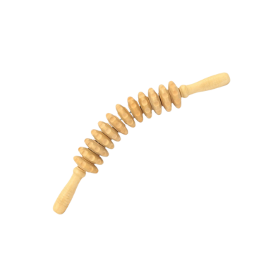 Curved wood massage roller stick with rounded rollers