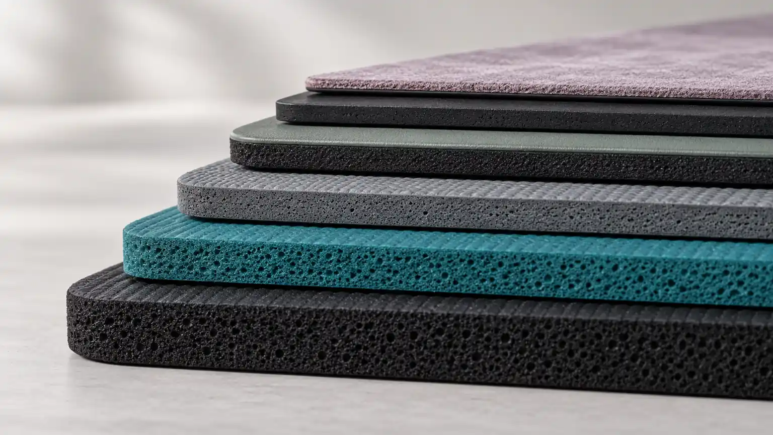Six yoga mat edges stacked from a thin travel mat to a thick foam mat, shown in cross-section