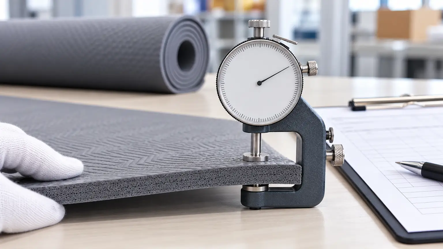 Dial thickness gauge measuring the edge of an embossed yoga mat on an inspection table