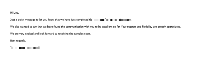 Customer feedback email confirming sample approval and praising service quality
