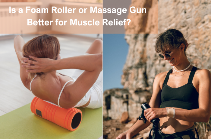 Woman using foam roller and another holding a massage gun outdoors for muscle relief