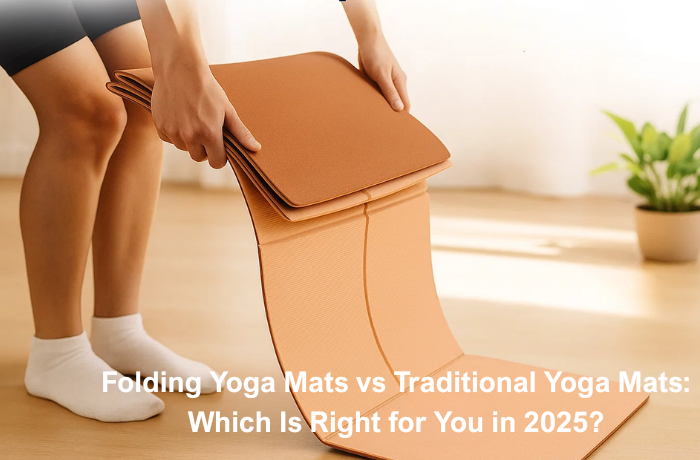 Foldable yoga mat being unfolded on wooden floor for comparison with traditional yoga mats