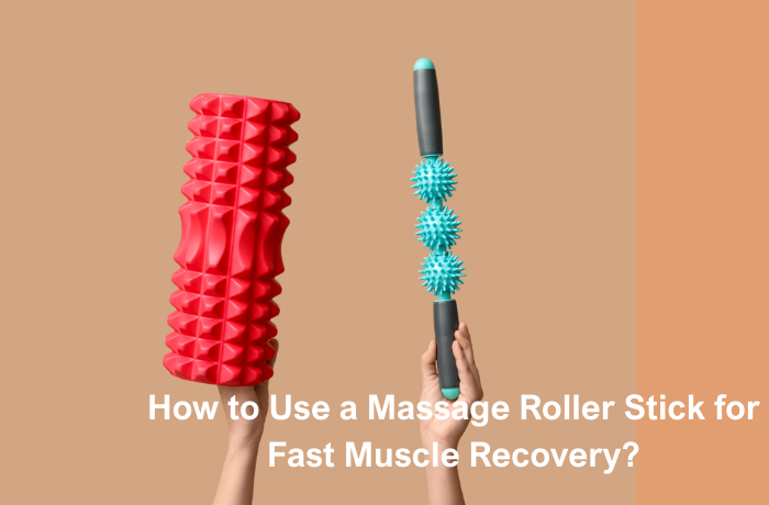 Hands holding massage roller stick and foam roller for muscle recovery