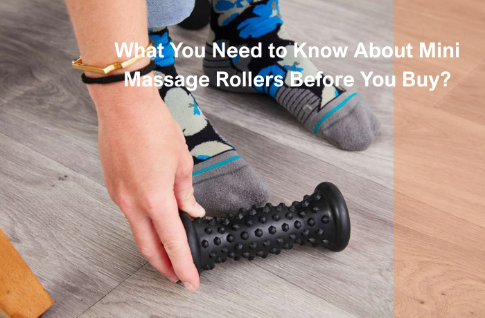 Person using mini massage roller under foot—portable tool for quick muscle relief, blood flow, and daily recovery.
