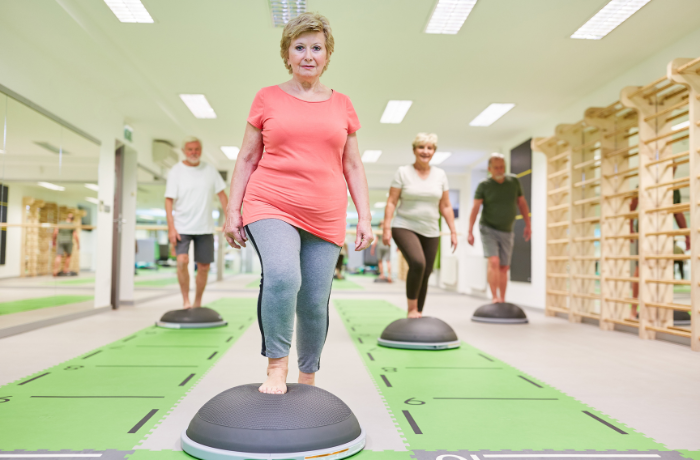 Senior fitness class using BOSU ball for stability exercises
