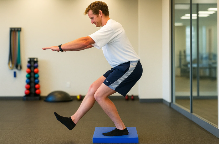 Single-leg stability training on balance pad

