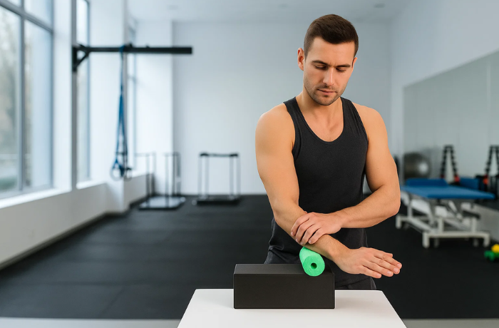 Man using small foam roller for forearm massage