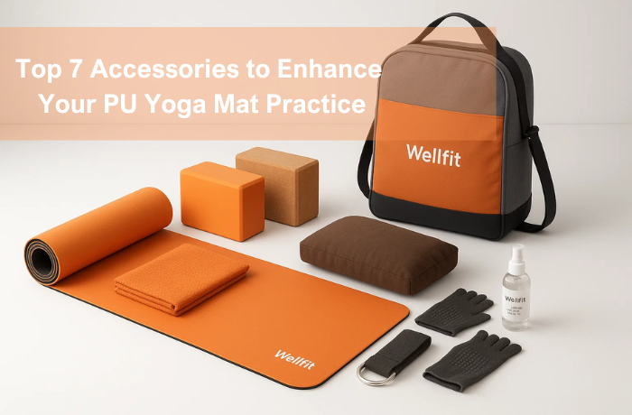 PU yoga mat with 7 essential accessories including blocks, towel, strap, gloves, spray, and carry bag