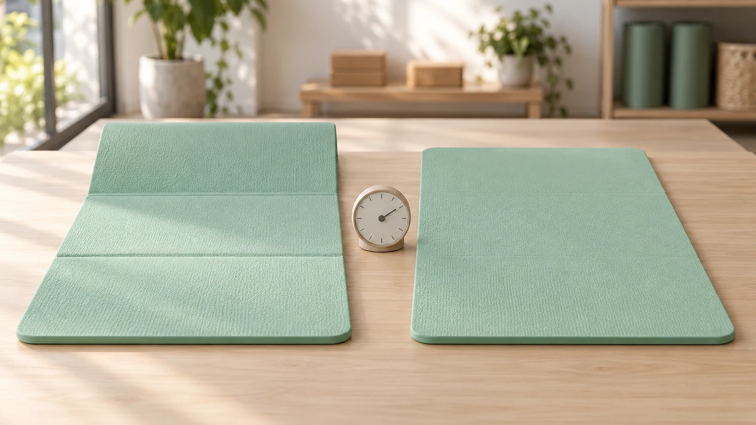 Folding yoga mat with visible crease lines beside the same mat lying completely flat