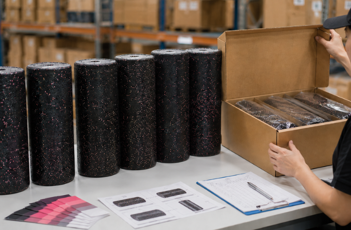 Checking foam roller logo, color, and packaging quality