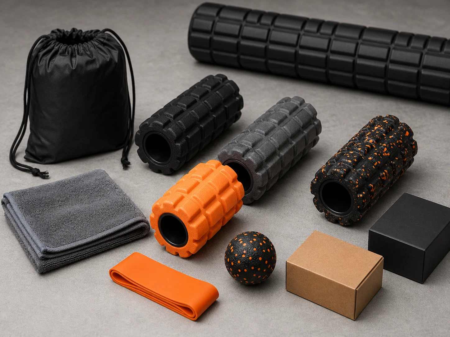 Mini foam rollers arranged in a compact recovery kit with towel, pouch, resistance band, massage ball, and blank retail packaging.