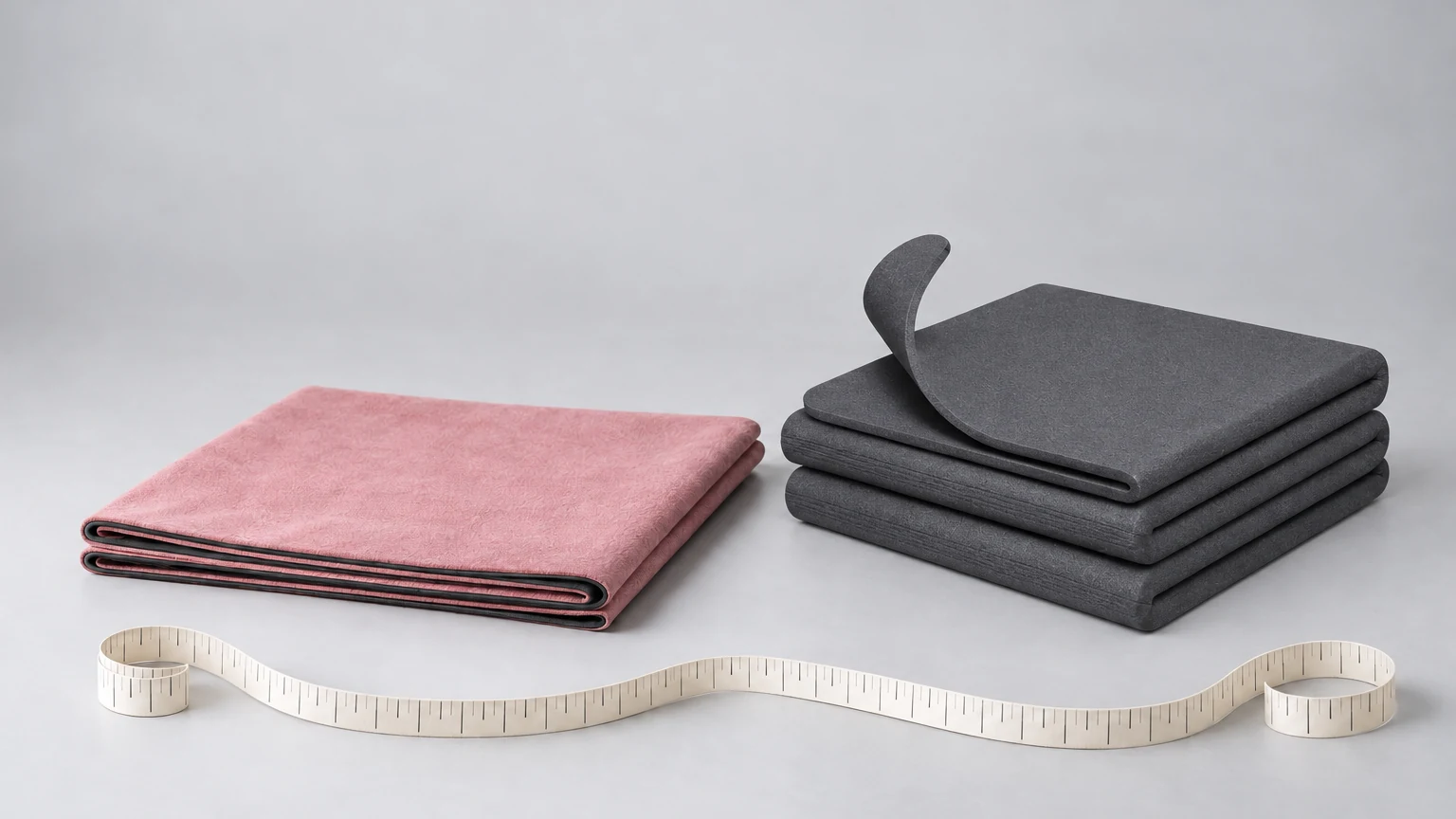 Thin suede-over-rubber travel mat folded flat beside a thick grooved foam mat folded into a block
