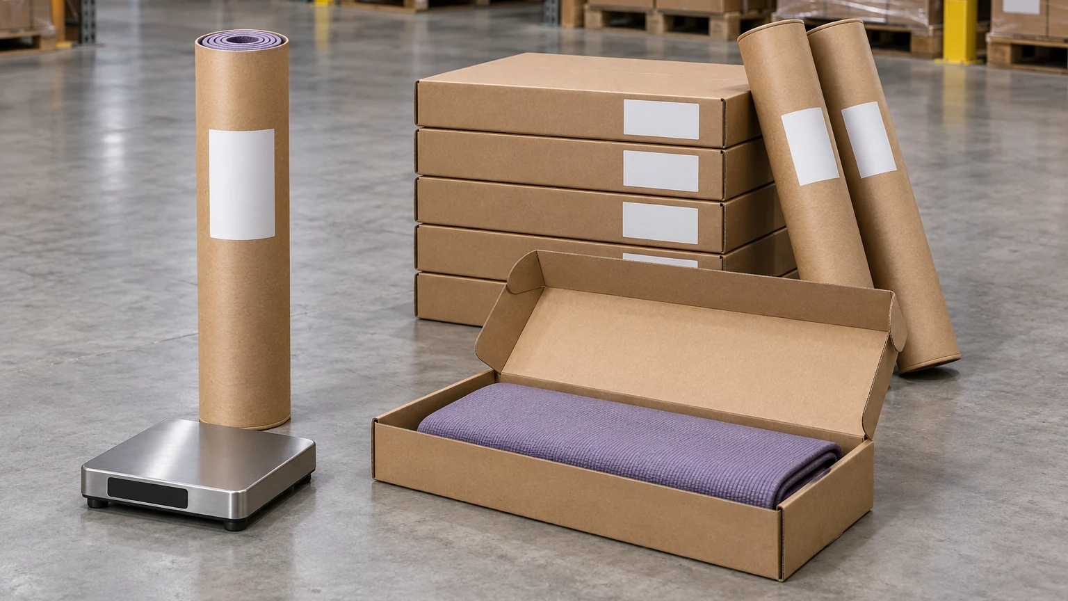 Rolled mat in a shipping tube next to a folded mat in a flat kraft mailer box with stacked boxes behind