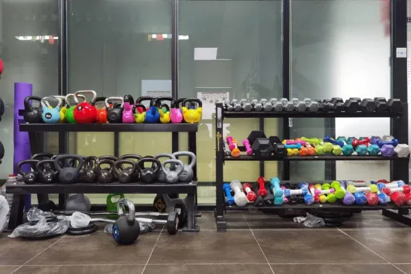 Colorful kettlebells and dumbbells displayed on gym storage racks