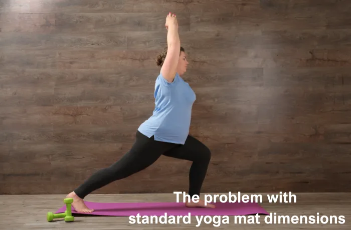 Plus size woman practicing yoga on a mat too small, showing the problem with standard yoga mat dimensions