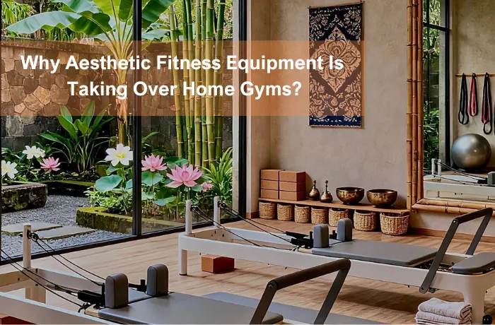 Aesthetic fitness equipment setup in a modern home gym with natural light and minimalist decor for wellness lifestyle.
