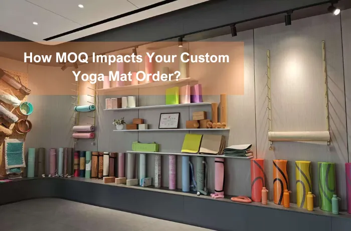 MOQ impact on custom yoga mat orders displayed in a yoga mat supplier showroom with colorful wholesale mats